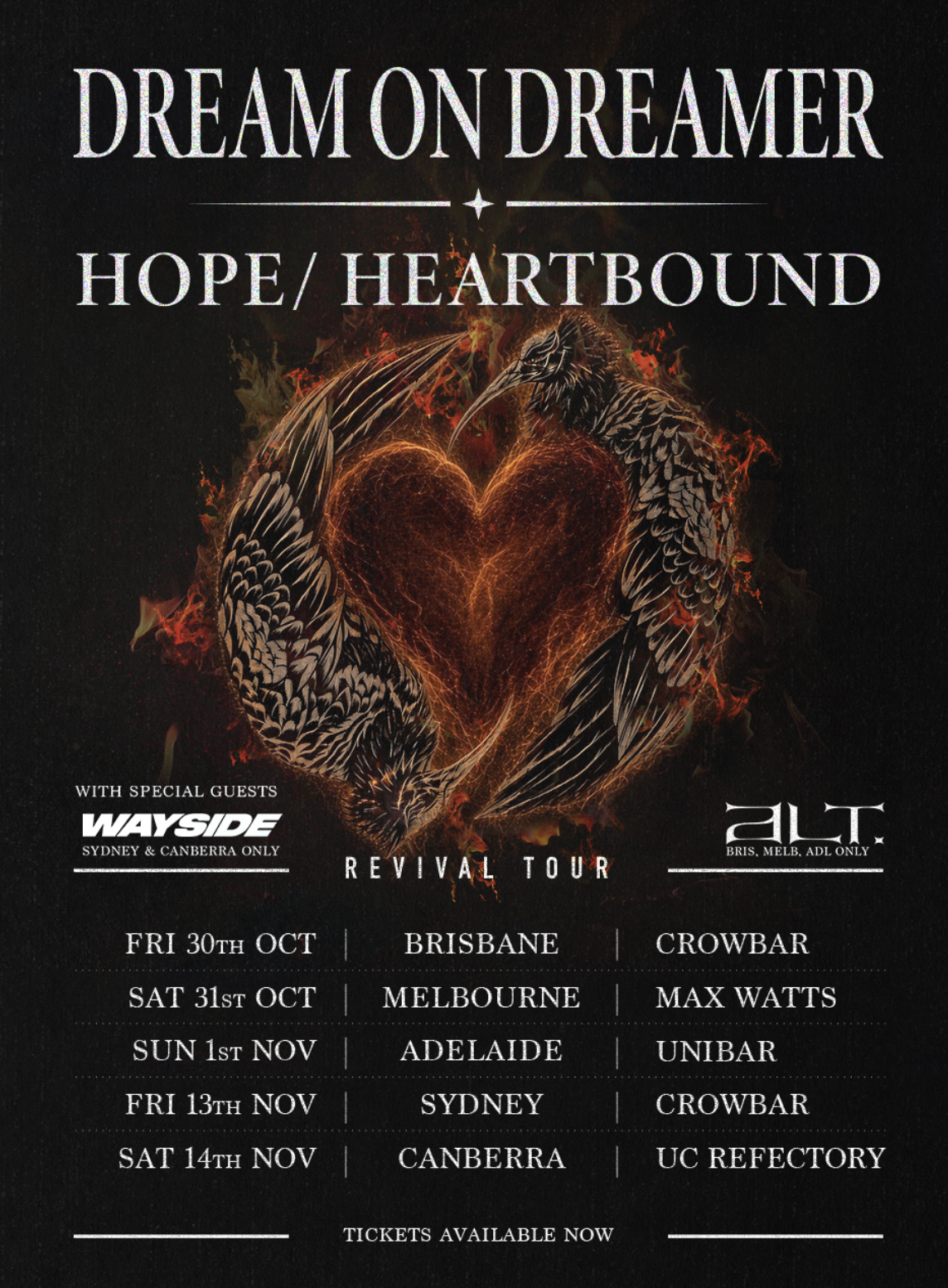 Tour poster for Dream On Dreamer's Hope/Heartbound Revival Tour, featuring a flaming bird artwork above Australian concert dates.